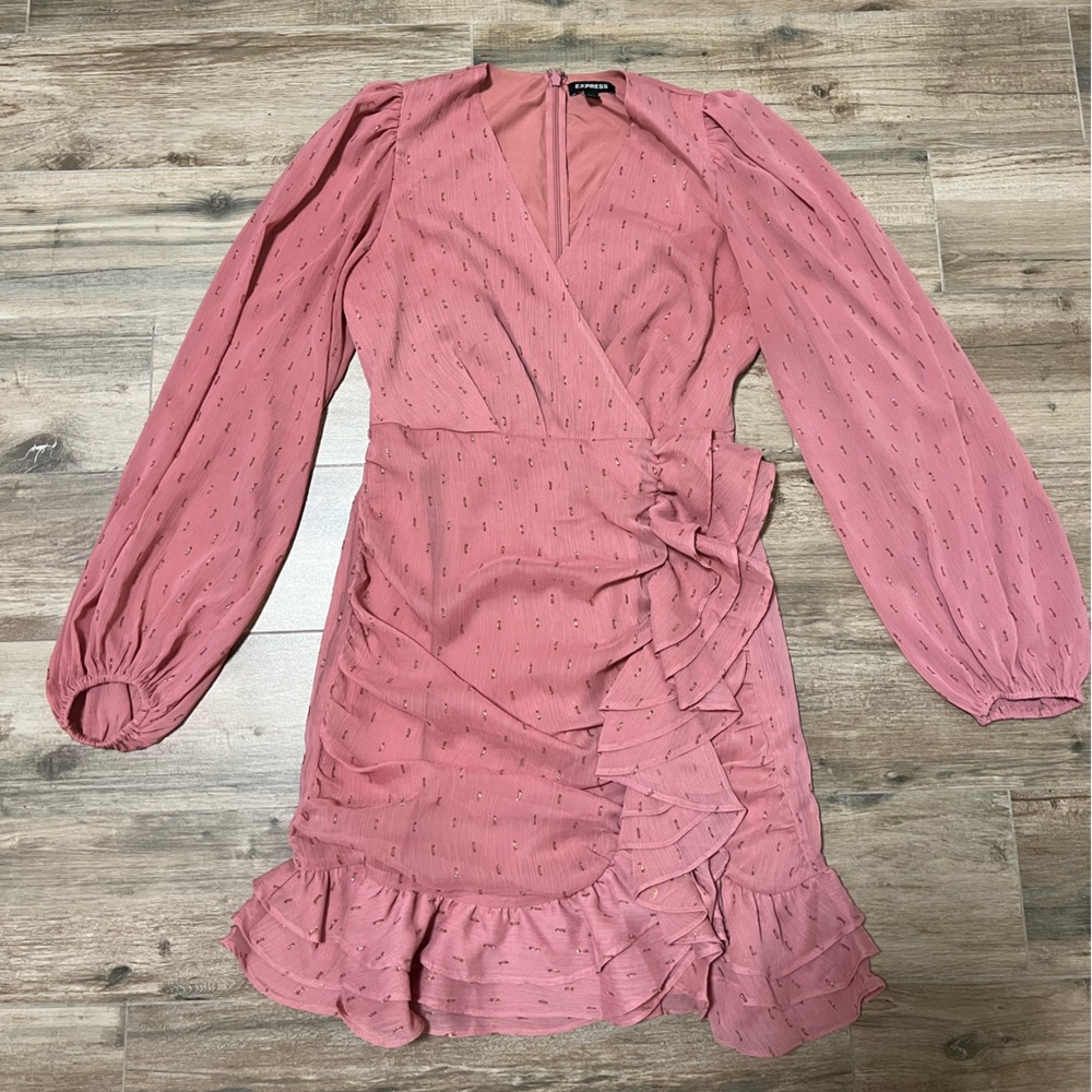 Express Blush Pink Mauve Dress Size Small Ruffles with Metallic Details